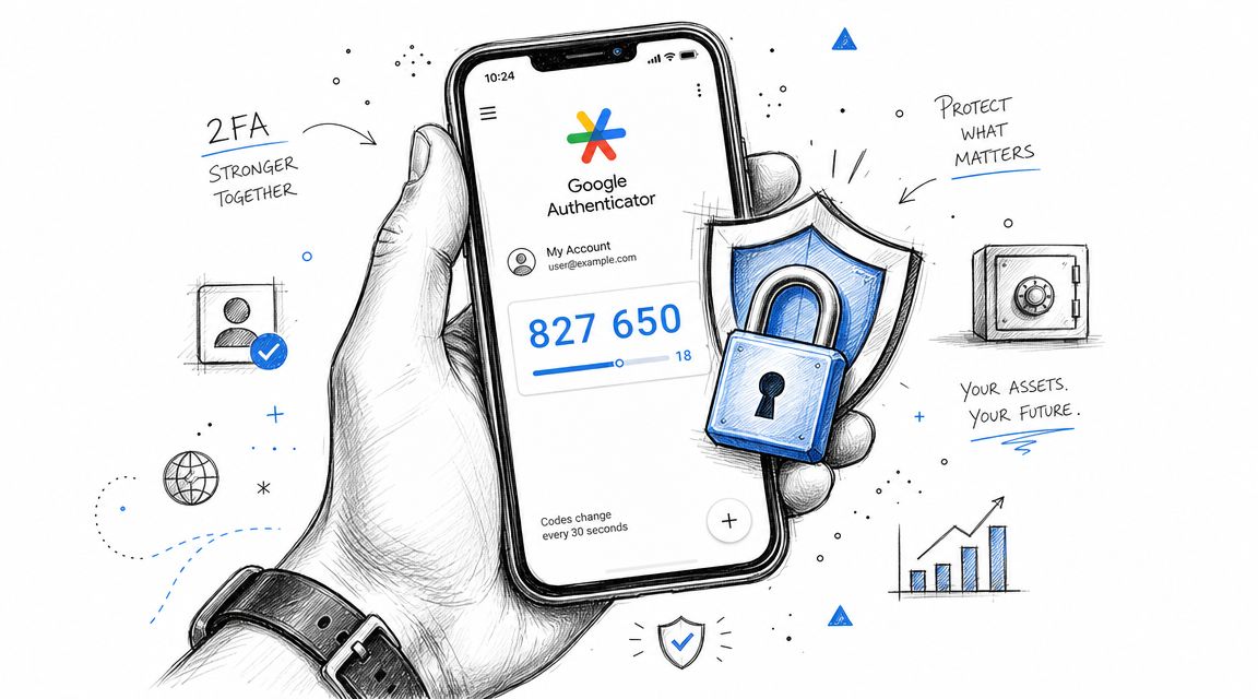바이 비트 가입 2026: 수수료 50% 할인부터 KYC까지 완벽 가이드 7 바이비트 (BYBIT) x 모모트레이더 손에 들린 스마트폰 화면에 구글 인증기 앱이 실행되어 보안 코드와 방패 모양의 아이콘이 표시되어 있습니다.