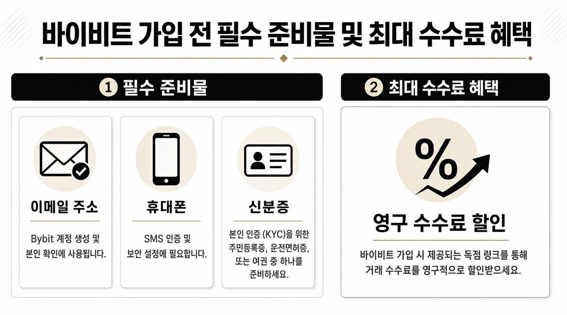 바이 비트 가입 2026: 수수료 50% 할인부터 KYC까지 완벽 가이드 6 바이비트 (BYBIT) x 모모트레이더 바이비트 거래소 가입을 위해 필요한 준비물인 이메일, 휴대폰, 신분증과 최대 수수료 할인 혜택에 대한 안내 정보입니다.
